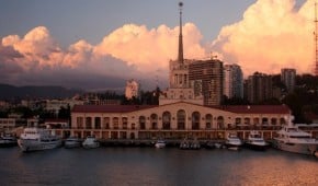The port of Sochi, Russia, as seen from the top deck of the ferry at sunset.