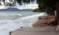 The beach on Koh Tonsay with the Cambodian coast in the distance.