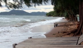 The beach on Koh Tonsay with the Cambodian coast in the distance.