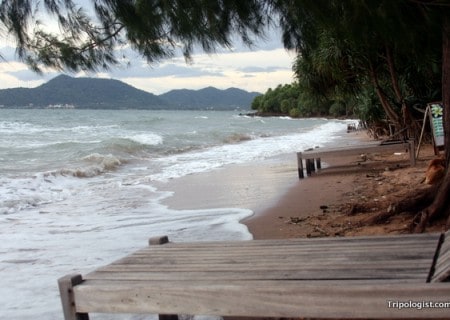 The beach on Koh Tonsay with the Cambodian coast in the distance.