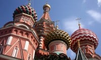 Staring up at St. Basil's Cathedral in Moscow, Russia.
