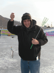 The Tripologist with a catch at the Hwacheon Ice Festival.