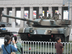A moving tank display outside the Korean War Memorial in Seoul, South Korea.