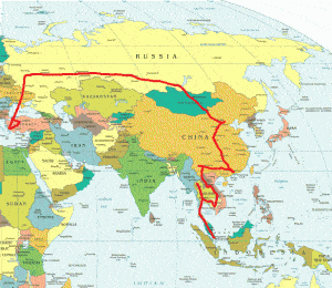 Our rough travel itinerary is marked by the red line.