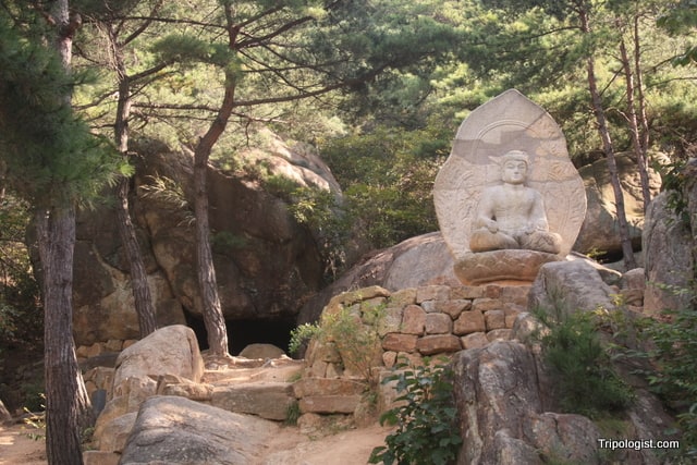 The impressive Shakamuni Buddha statue on Namsan Mountain.