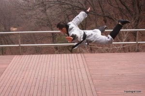 A high-flying monk during the Sunmudo Demonstration at Golgulsa Temple.