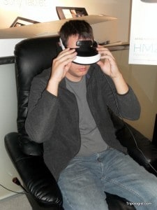 Trying out a personal 3D TV viewer at the Sony Showroom.