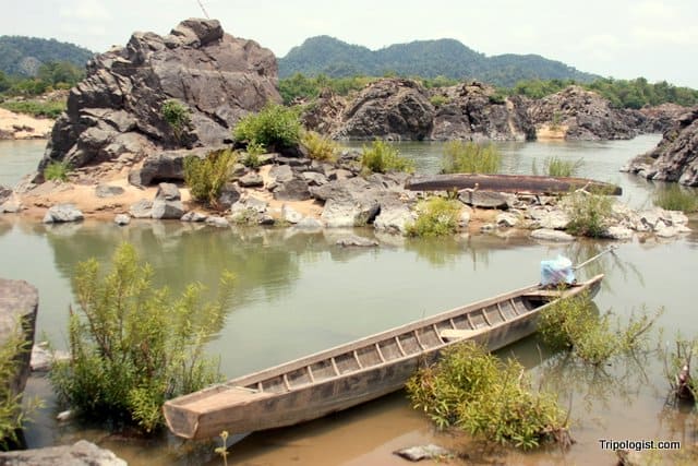 A boat on the shore of Don Khon in the 4000 Islands on Laos.