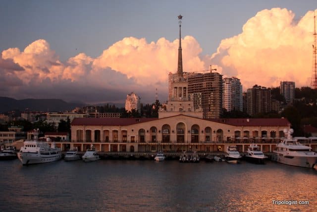 The port of Sochi, Russia, as seen from the top deck of the ferry at sunset.