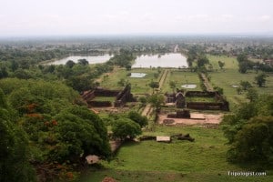 From the top-tier of Wat Phou, it is possible to see the surrounding country-side and even the Mekong River in the distance.