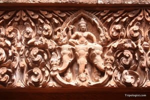 Fantastic relief carvings adorn several of the temples at Wat Phou in Laos.