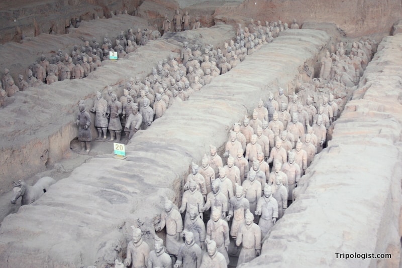 A row of Terra Cotta Warriors in Xi'an, China.