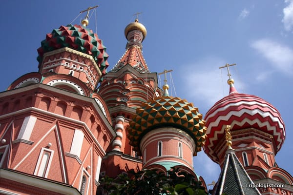 Staring up at St. Basil's Cathedral in Moscow, Russia.