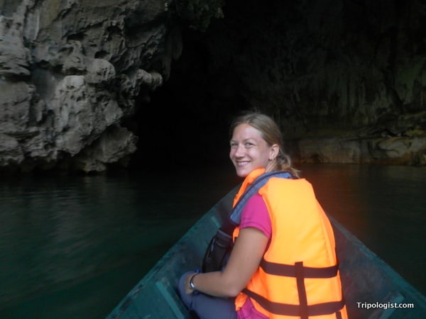 My wife entering the 7.5 kilometer Konglor Cave near Tha Khaek, Laos.
