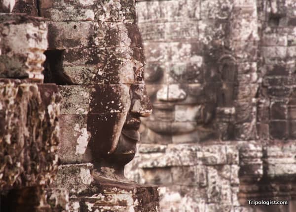 Two of the stone faces at Bayon Temple in Angkor Thom in Siem Reap, Cambodia.